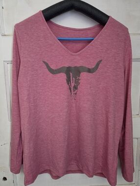 Long Sleeve Pink Heather Tee with Horn Skull Graphic